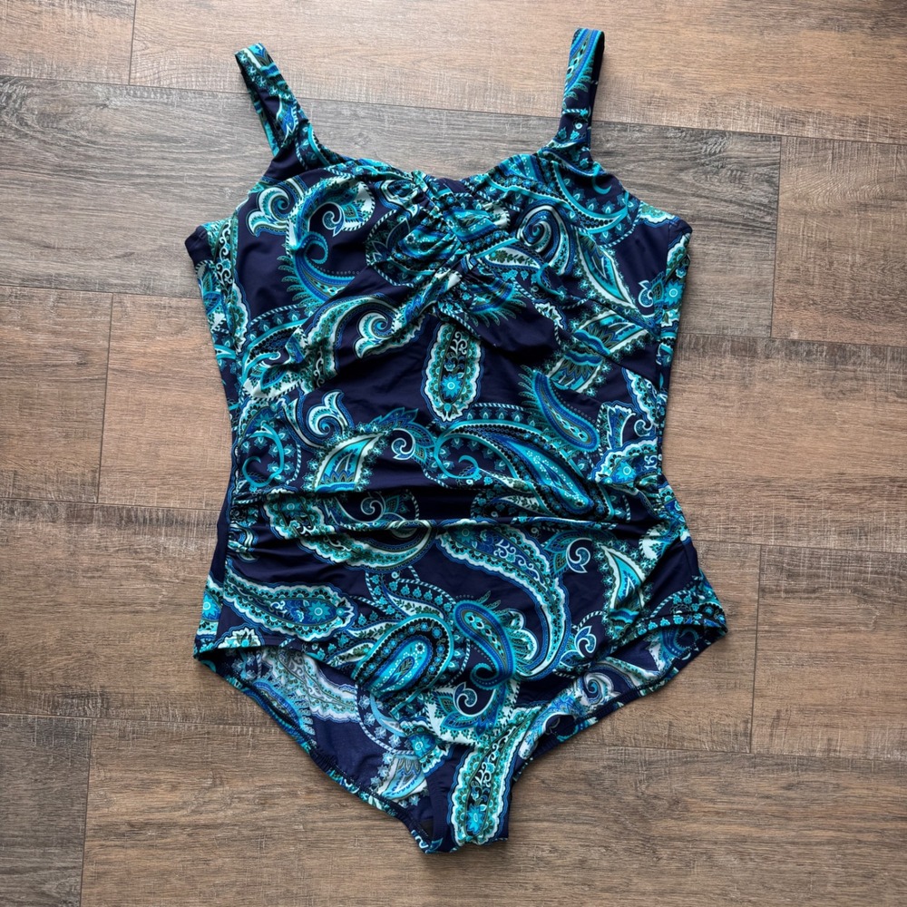 Lands End Slender Tummy Control Swimsuit One Piece Paisley Blue Green size 16D